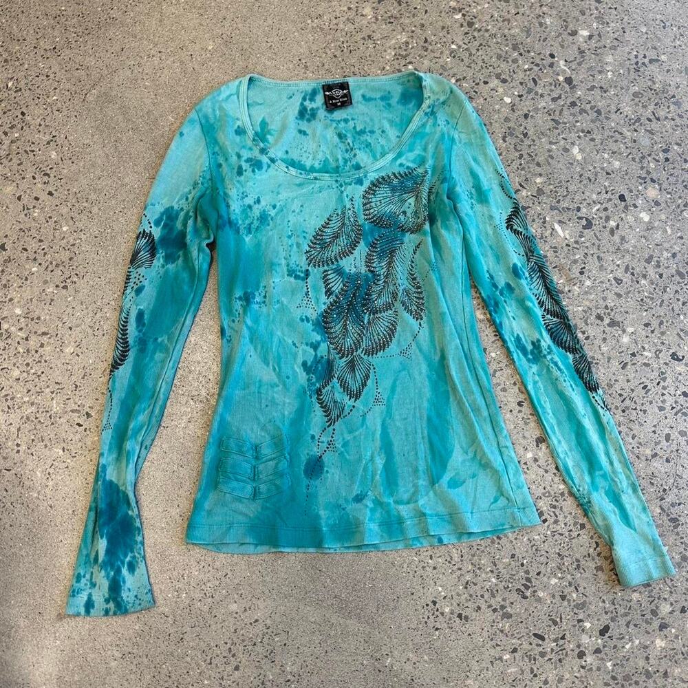 Sledge USA Women’s M Top Teal Tie Dye Embellished Knit Long Sleeve Y2K
